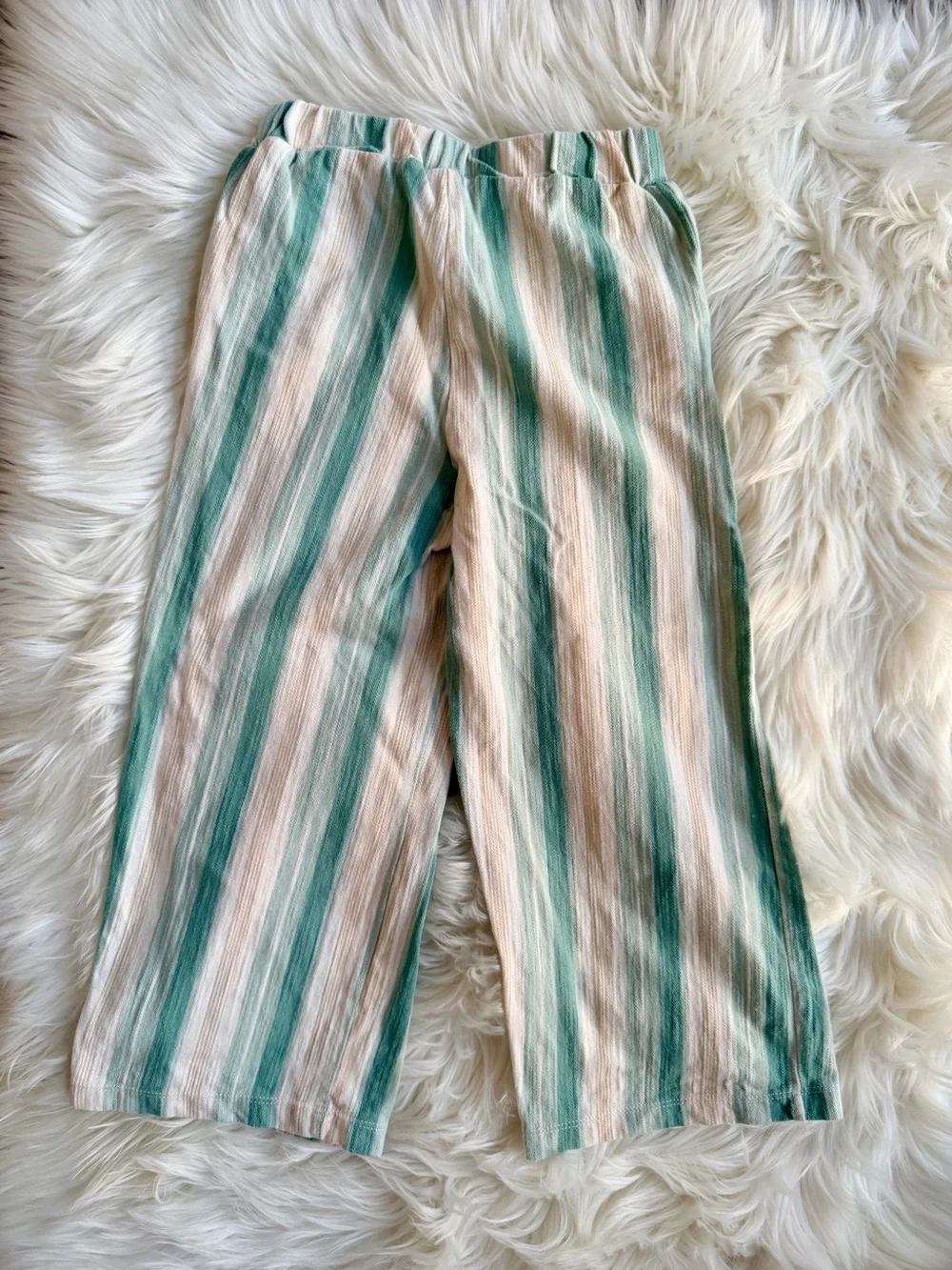 Mayoral Green and Cream Striped Elastic-Waist Pants Size 5 Girls